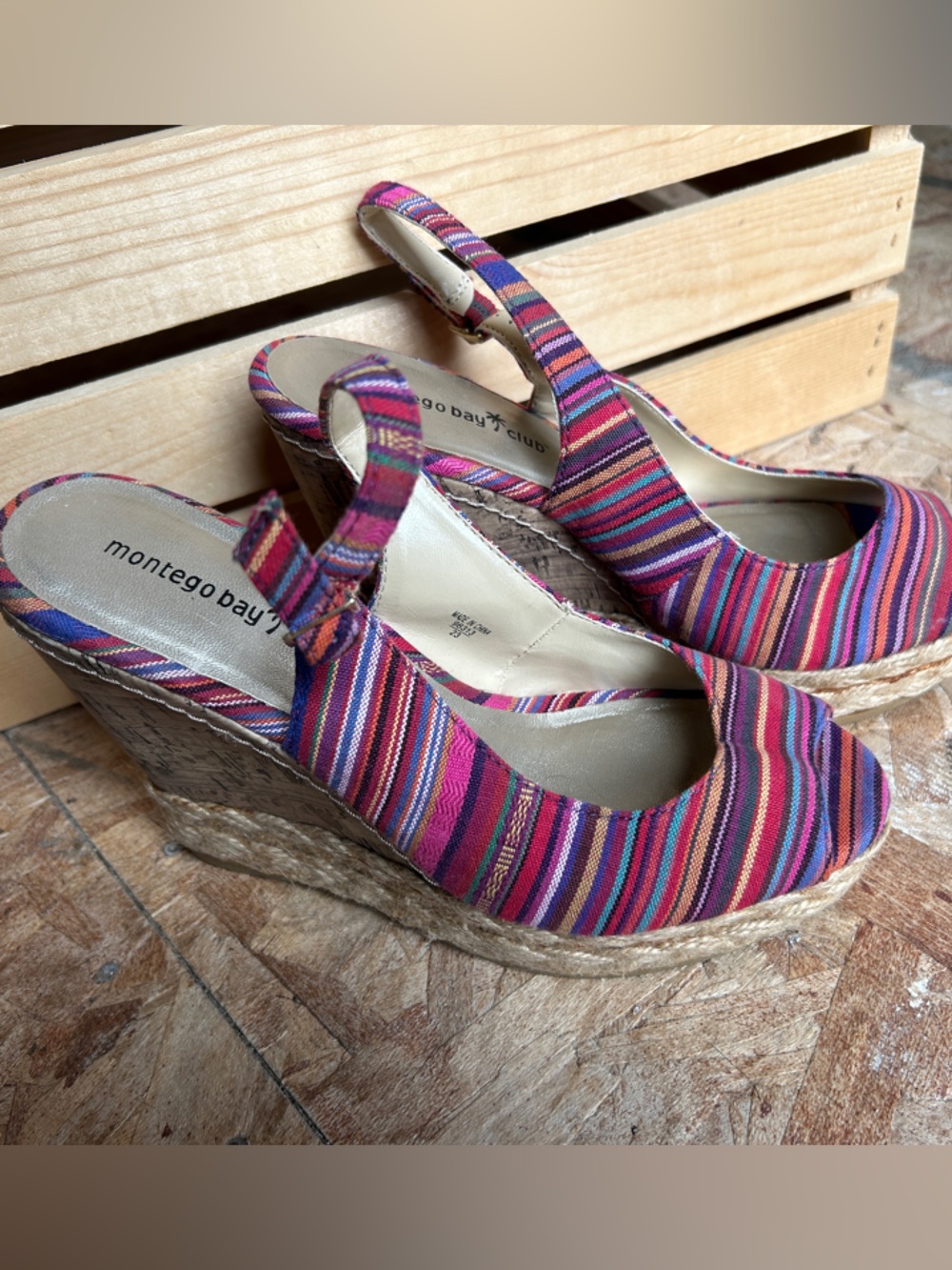 Montego Bay Club Striped Pink & Blue Espadrille Wedge Sandals